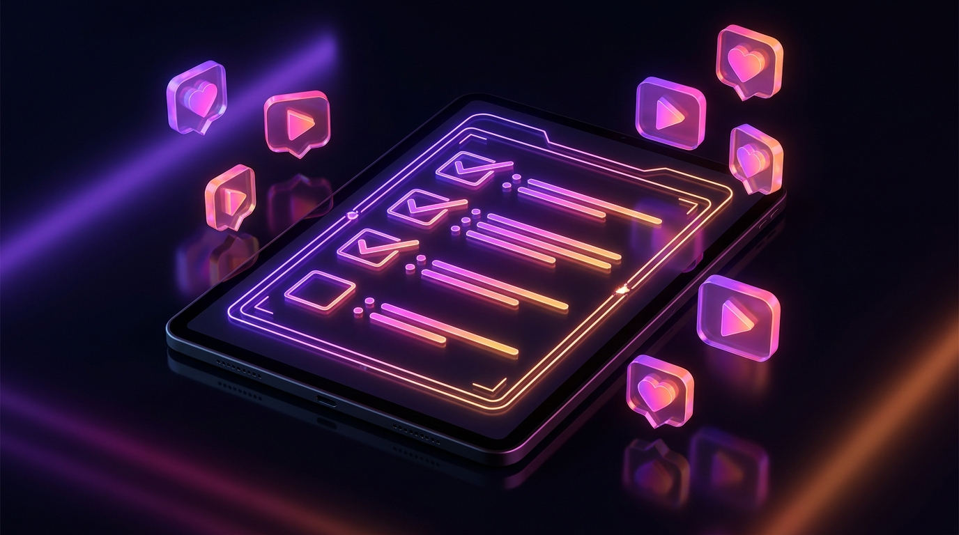 A glowing minimalist clipboard floating in a dark room with neon lights