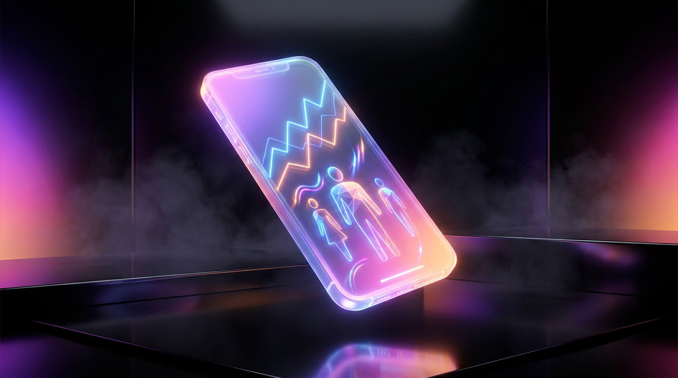 Neon silhouette representing a faceless content creator surrounded by social media icons