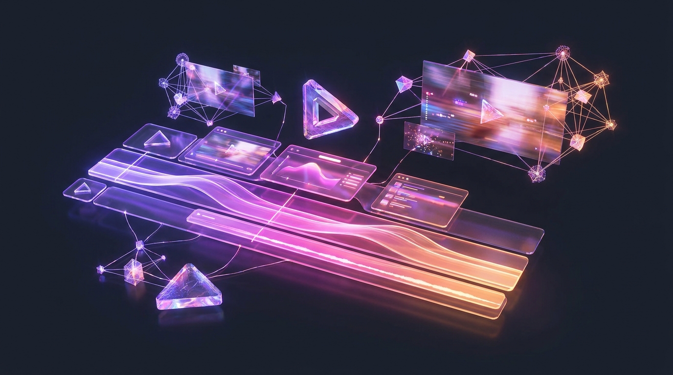 Holographic video editing timeline with glowing purple and orange analytics panels