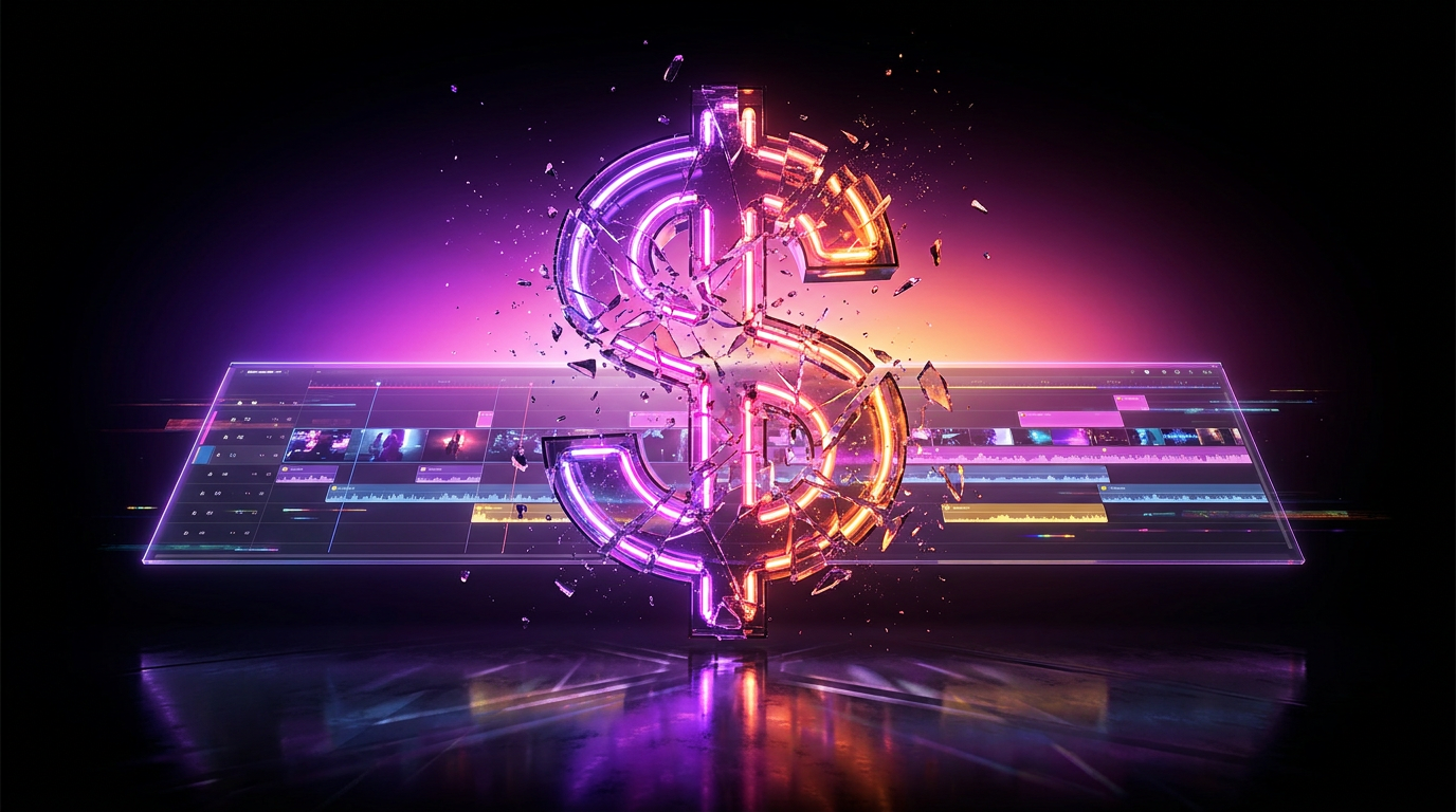 A glowing credit card dissolving into digital video frames on a dark neon background