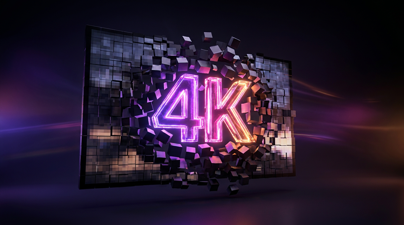A high-definition camera lens merging with a futuristic microchip emitting neon light beams.