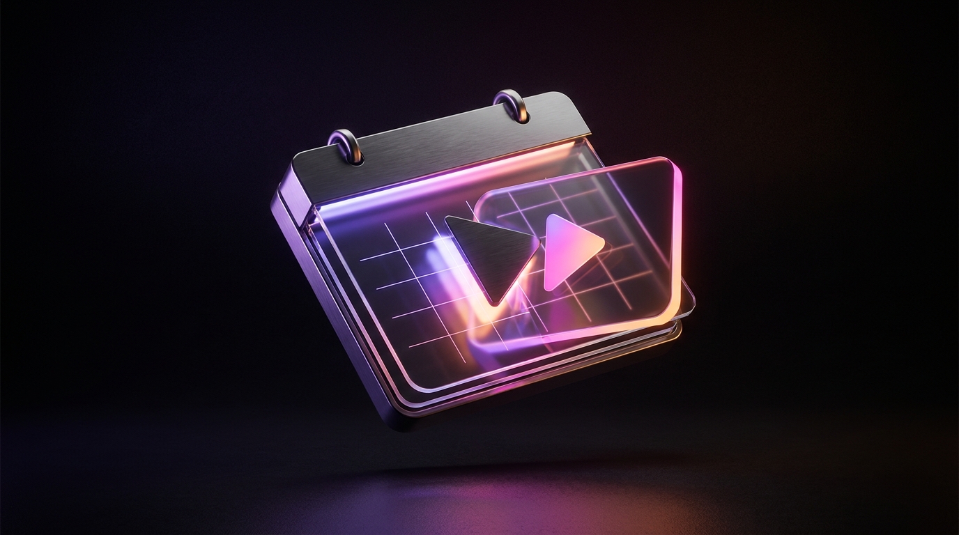 Futuristic smartphone displaying a social media scheduling calendar with neon purple accents