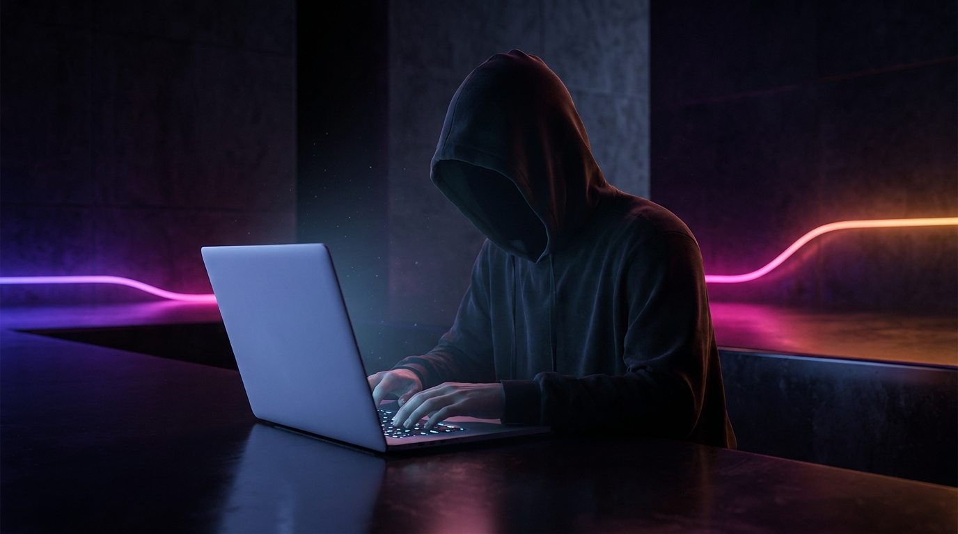 Glowing anonymous mask floating above a video editing timeline with neon accents