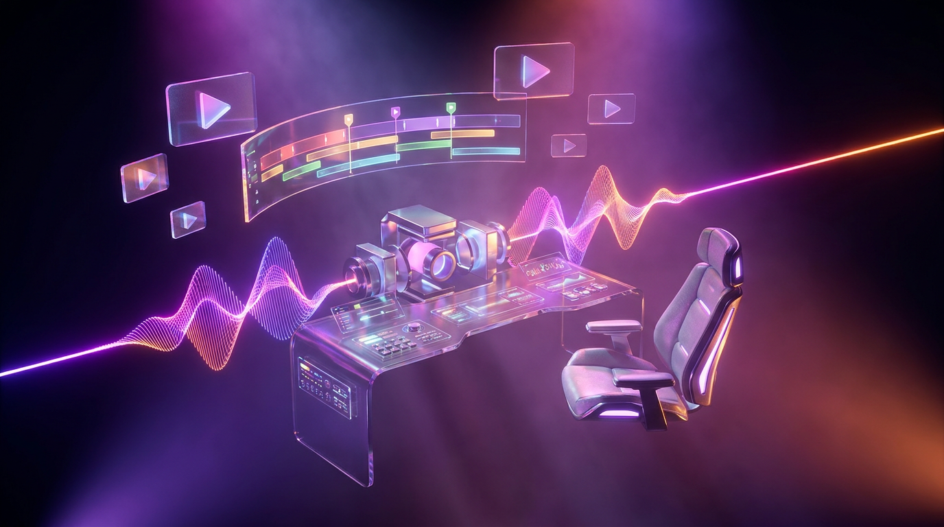Futuristic desk setup with glowing video editing timelines and analytics charts