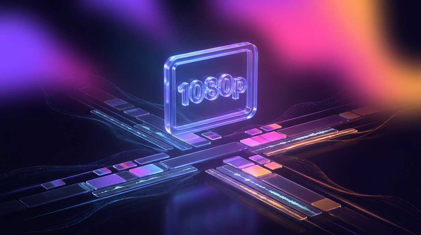 Glowing 1080p resolution icon over a video editing timeline with neon accents.