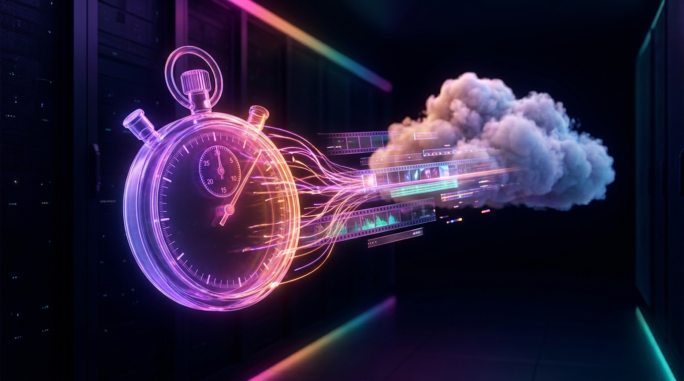 A 3D rendering of glowing servers and speedometers processing video files