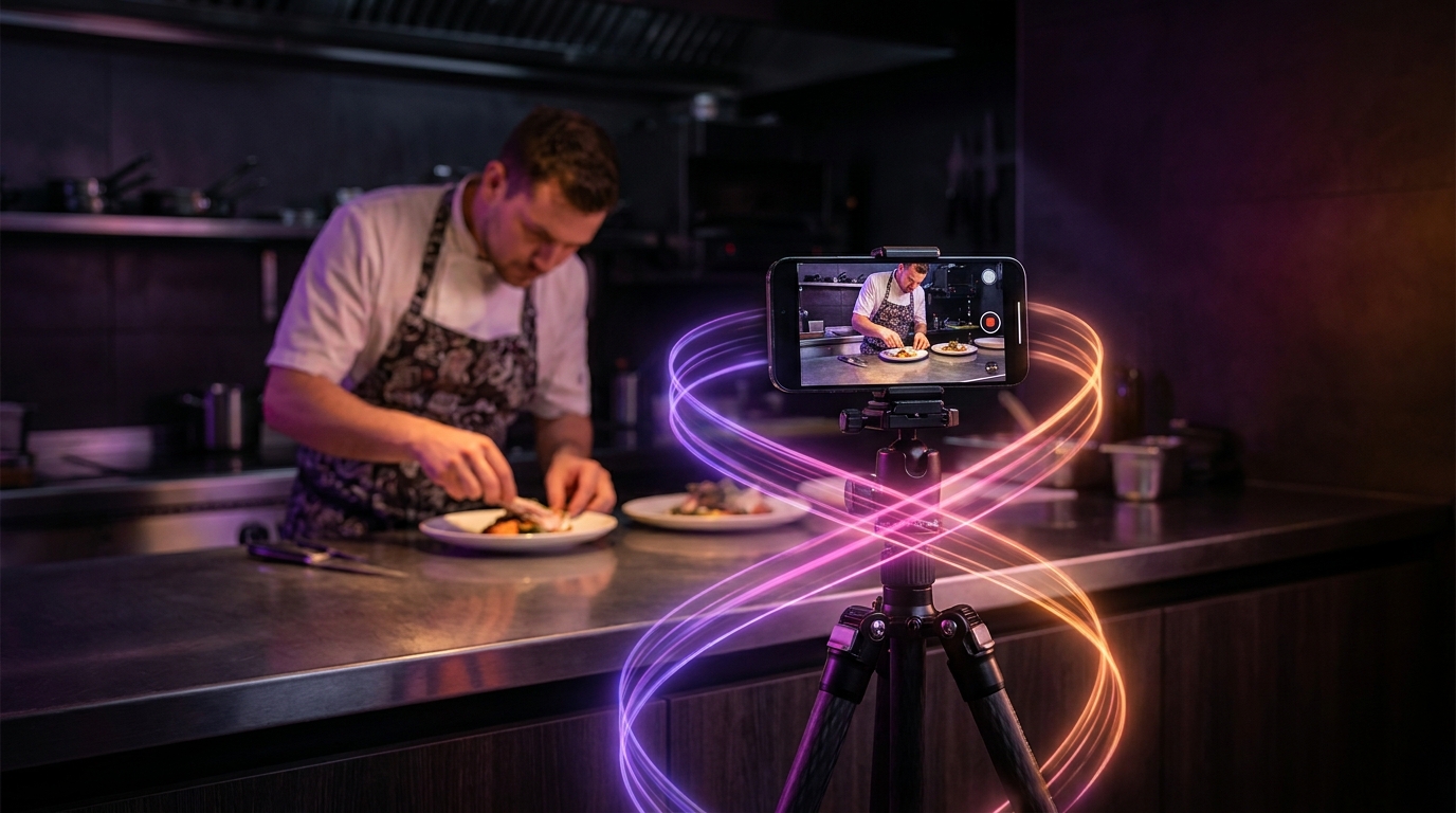 Smartphone on a desk showing an AI video editing interface with neon lighting