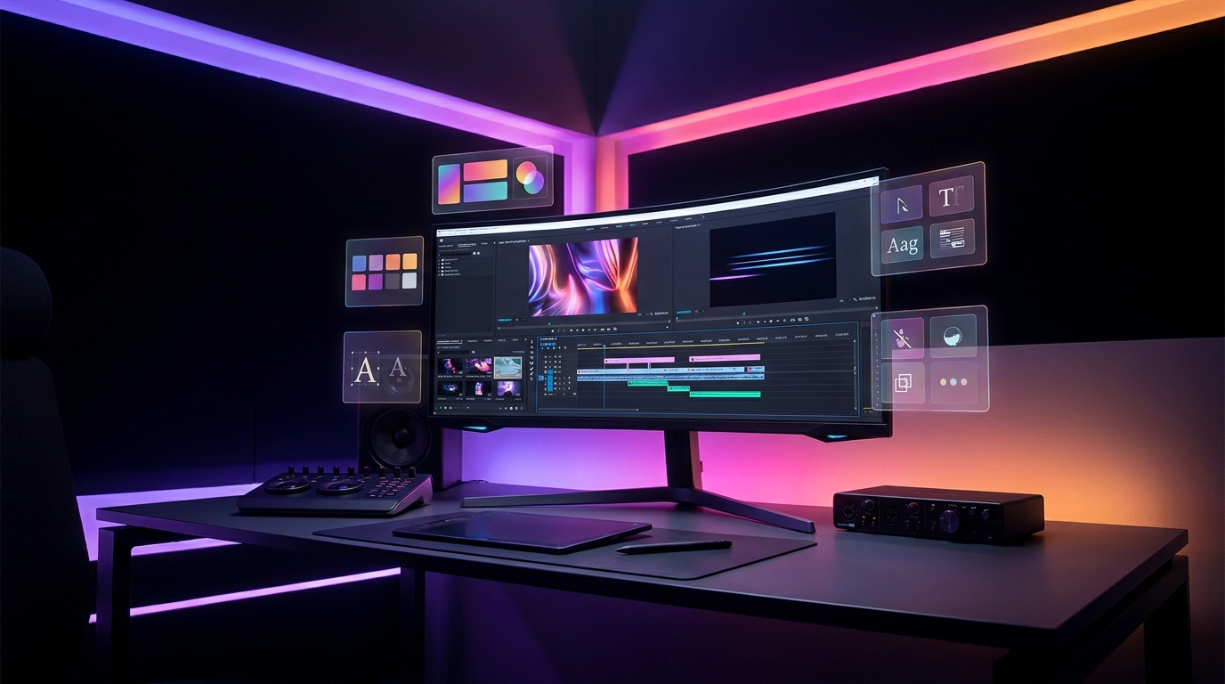 Floating digital screens displaying color palettes and typography in a neon-lit workspace