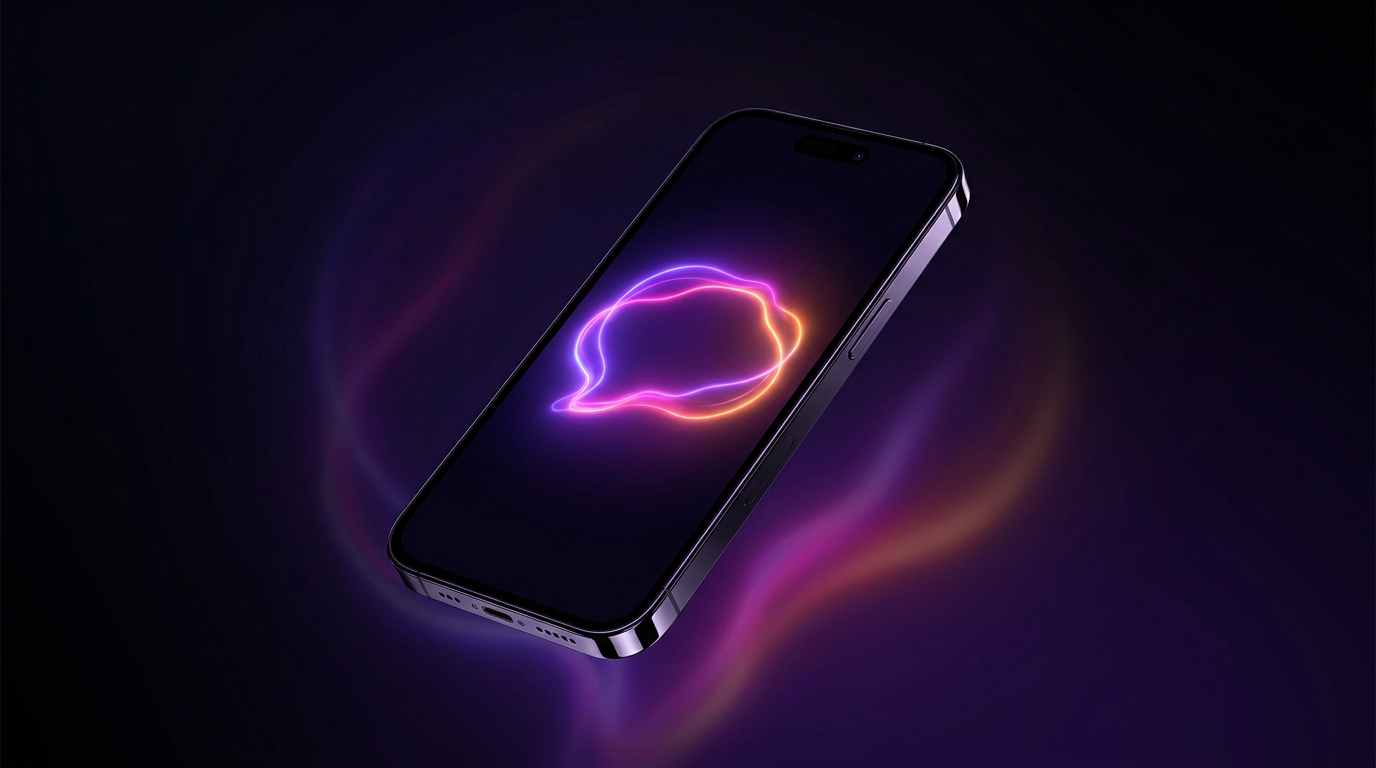 Glowing smartphone screen with floating 3D text and neon AI processing nodes