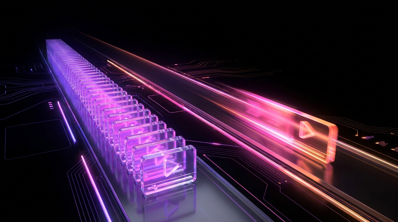 3D illustration of video timeline paths showing stacked blocks and continuous streams