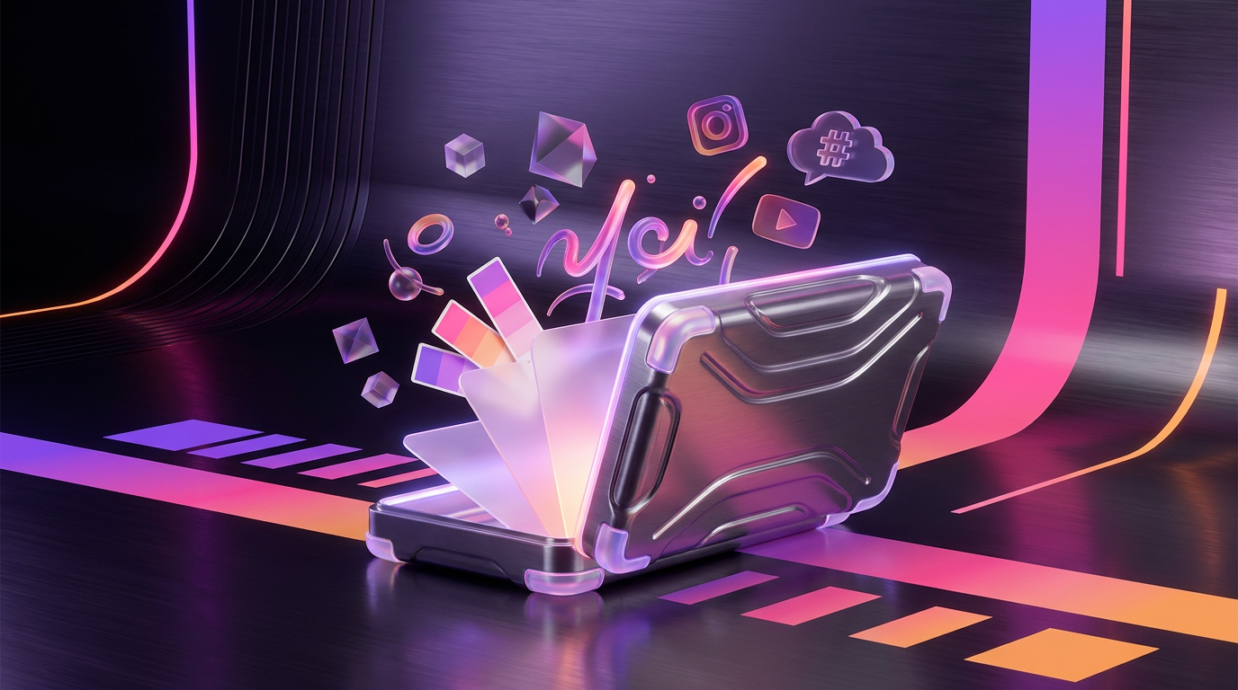 Dark digital editing dashboard with glowing purple and orange gradient accents.