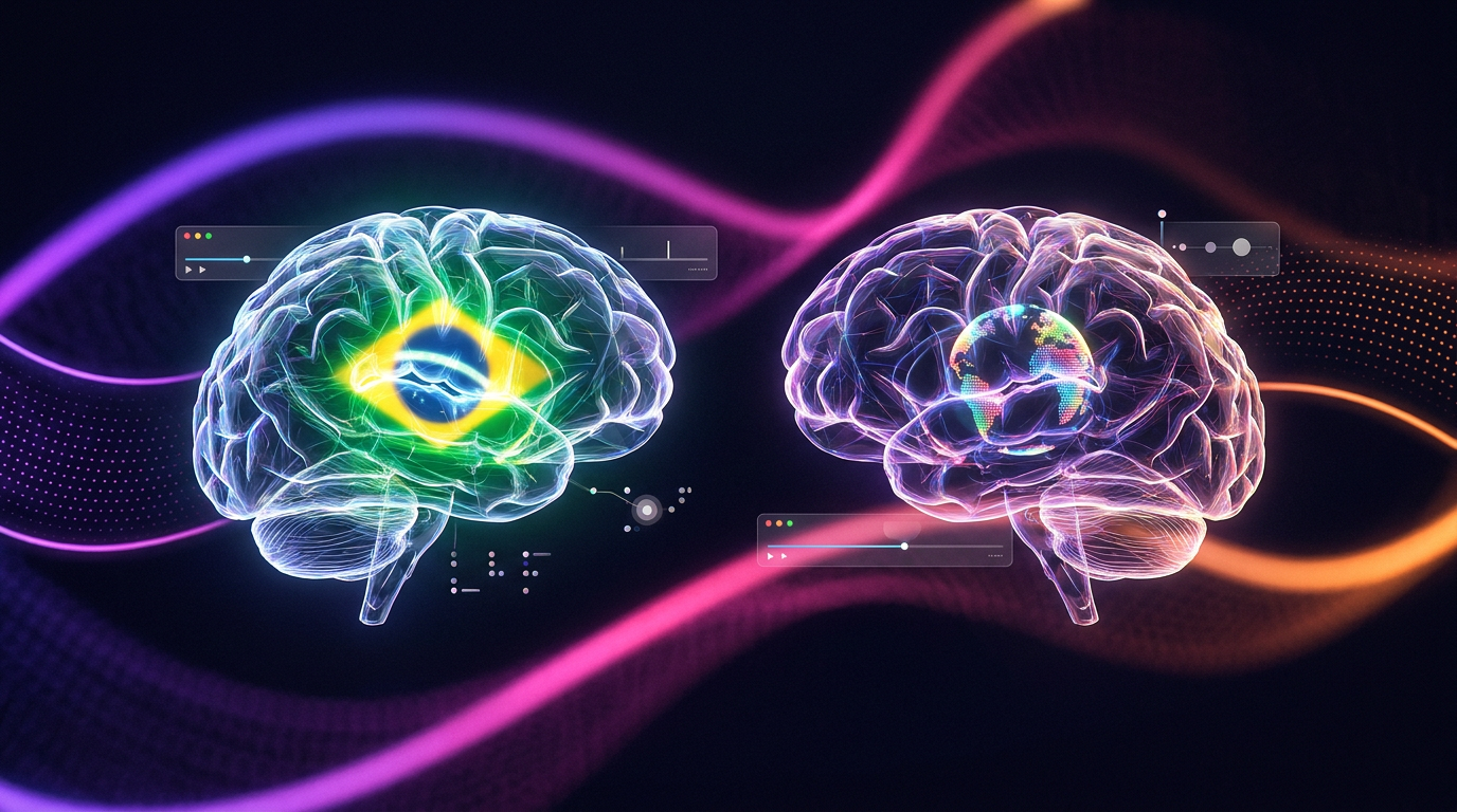 Two glowing AI brains processing video data on a dark neon background