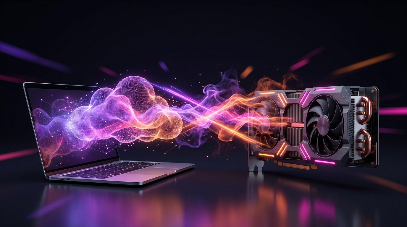 A desktop monitor wrapped in chains next to a glowing neon cloud representing cloud video editing.