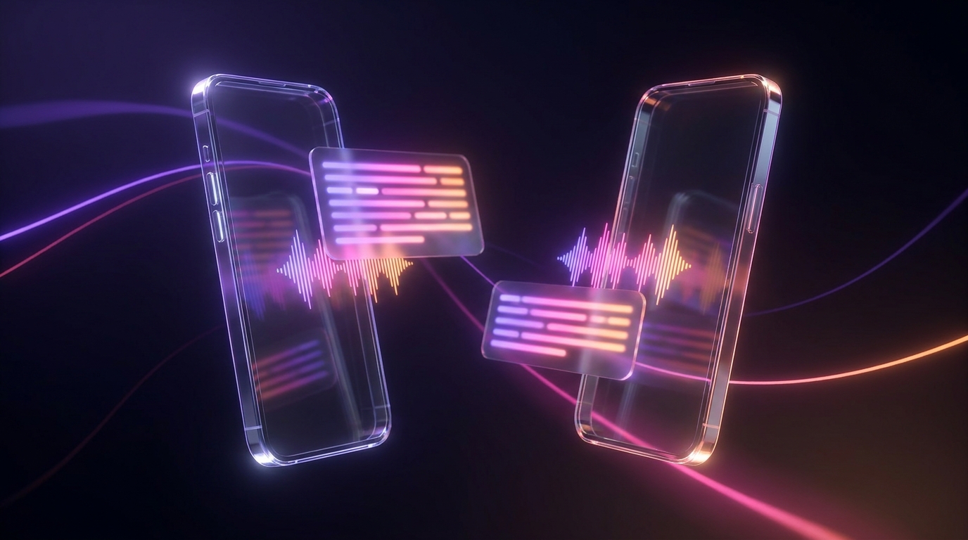 Two glowing smartphones with floating text bubbles and video editing timelines