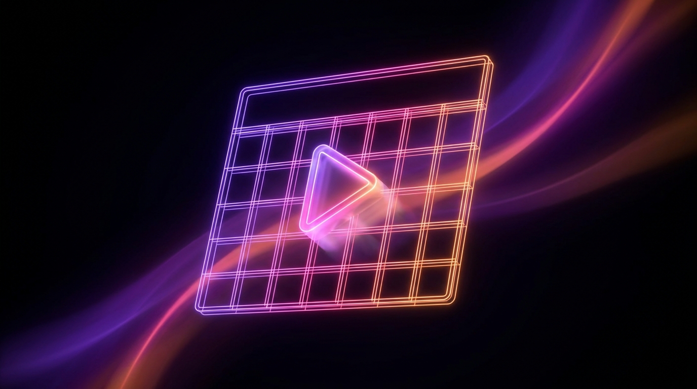 A glowing digital calendar breaking into vertical video frames on a dark background