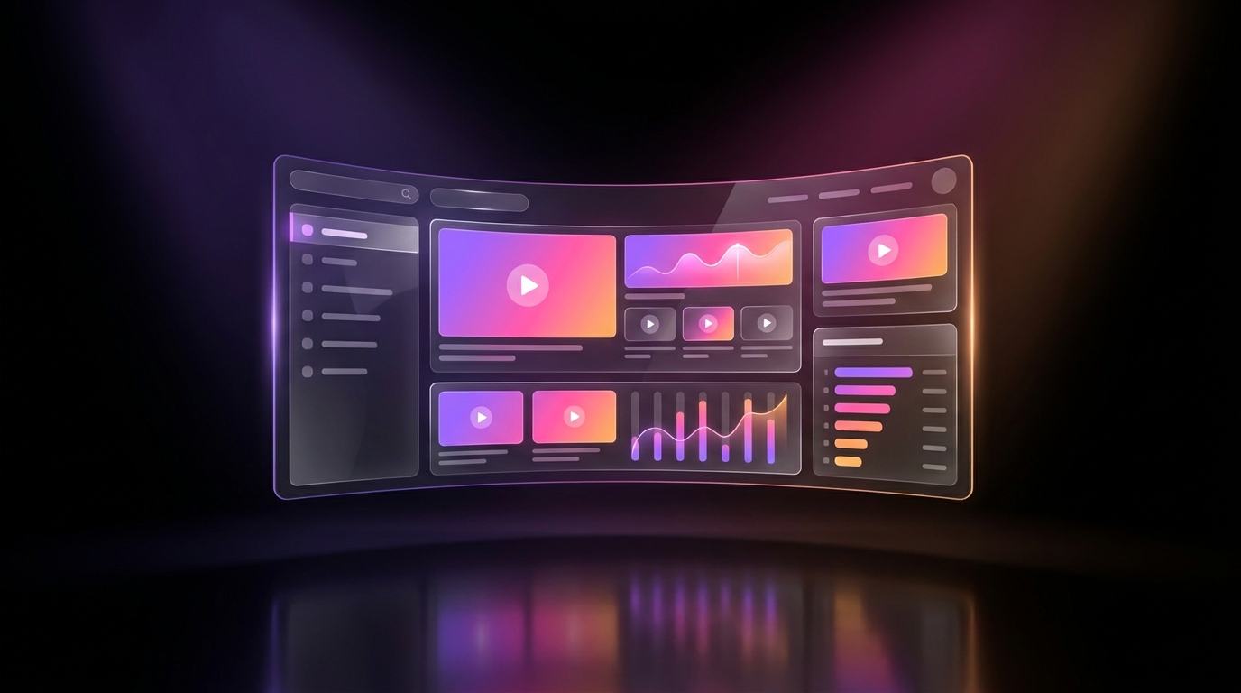Digital dashboard with video timelines and data charts illuminated by neon gradients