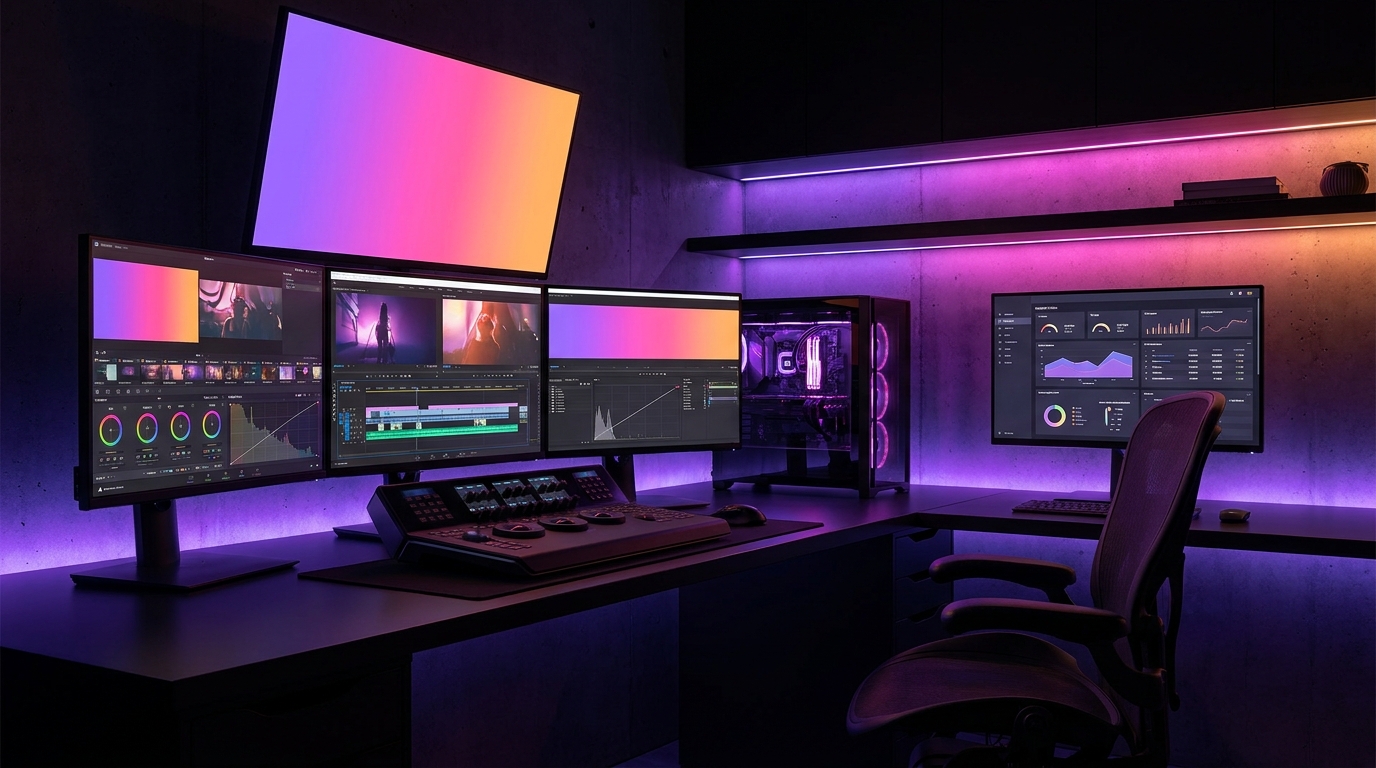 A glowing clipboard over a video editing timeline in neon colors