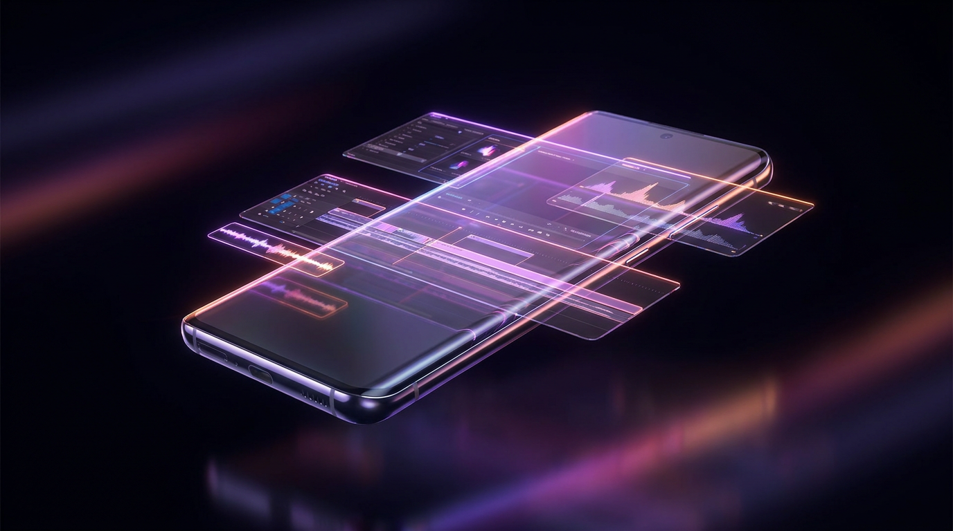 Futuristic laptop displaying vertical video timelines with neon purple and orange gradient lighting