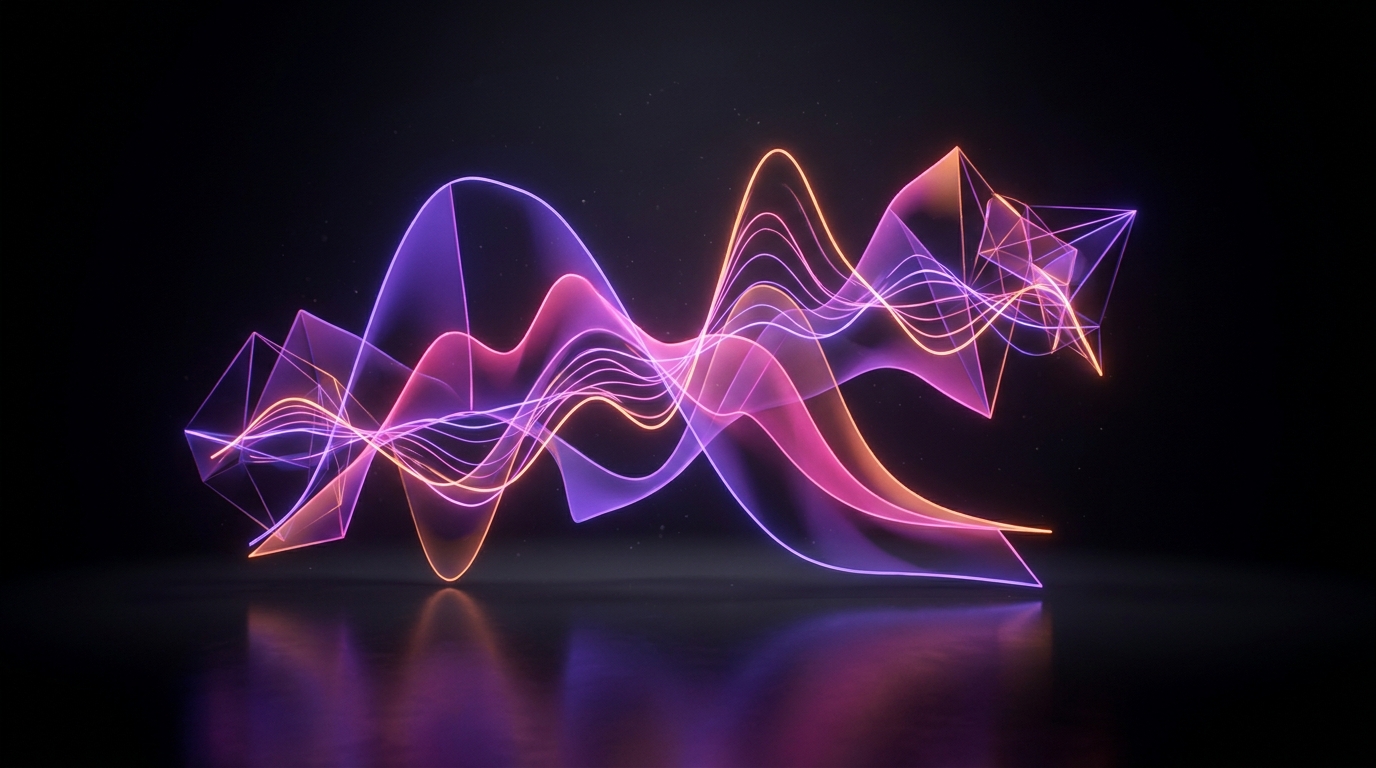 A 3D glowing graph showing video retention curves on a dark background