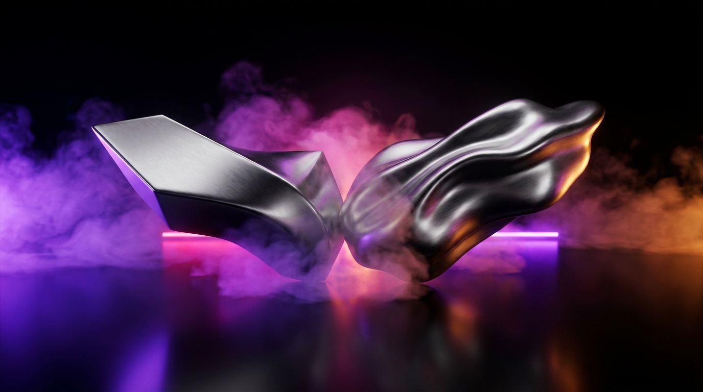 Two glowing audio waveforms colliding on a dark neon gradient background