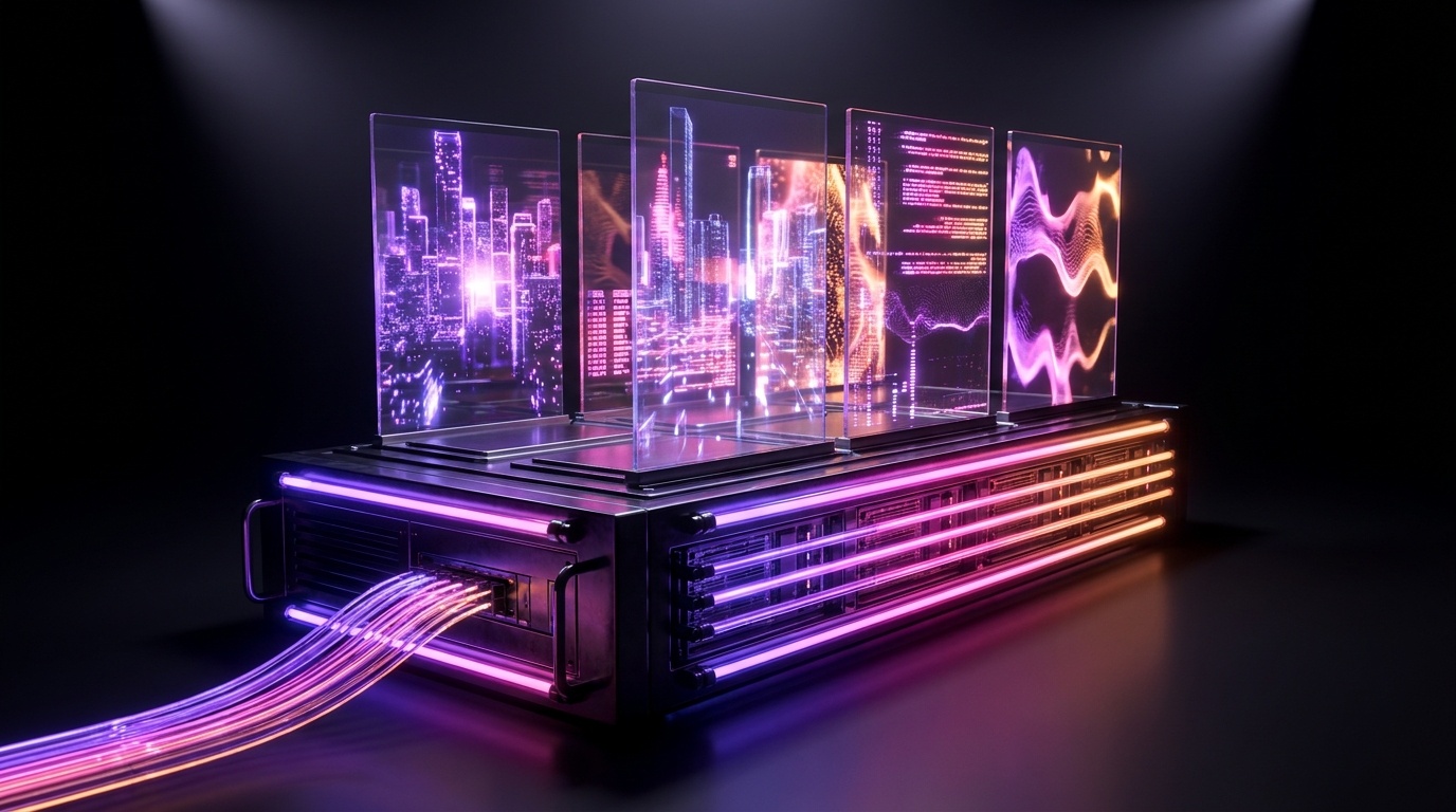 3D glowing data pipeline connecting a video camera to smartphone screens