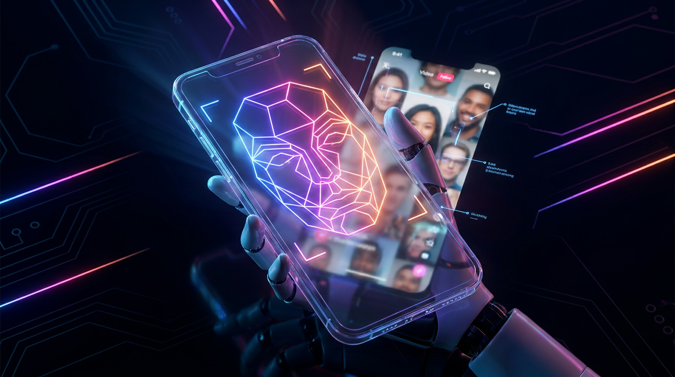 A glowing digital bounding box tracking a silhouette across vertical smartphone screens.