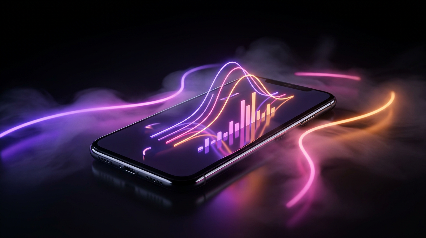 Smartphone displaying video metrics on a sleek desk with neon purple accents