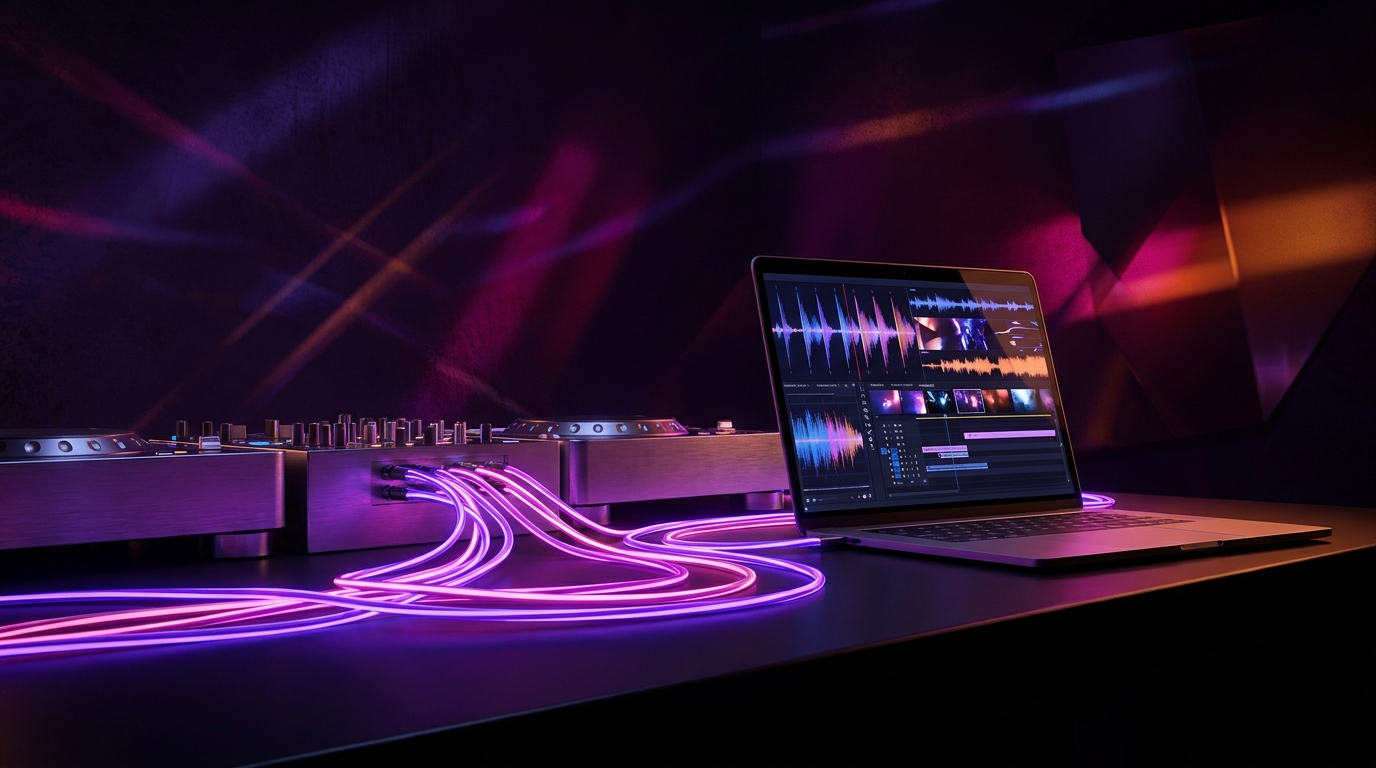 DJ performing in a dark club illuminated by neon purple and orange lights.