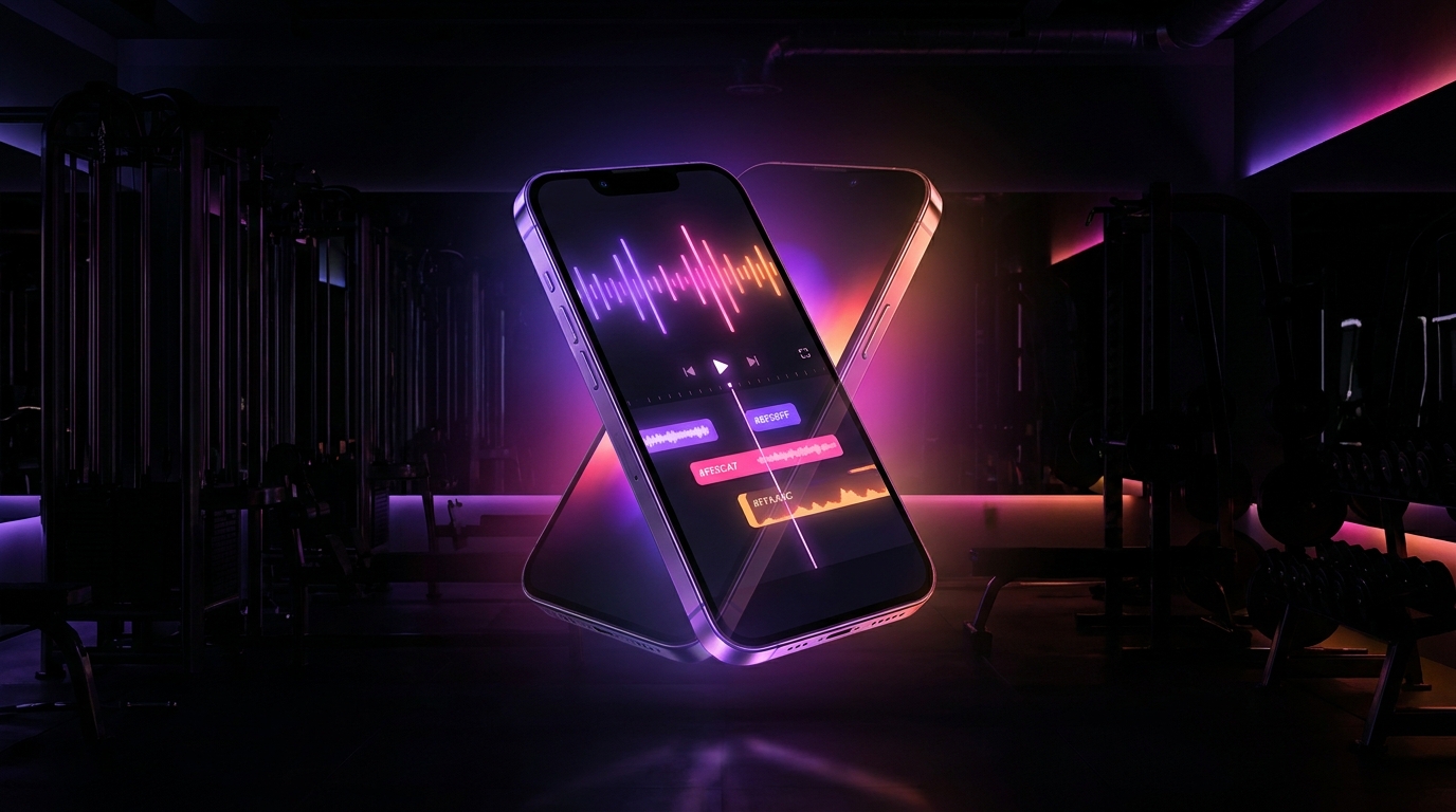 Smartphone on a tripod recording a video in a neon-lit gym