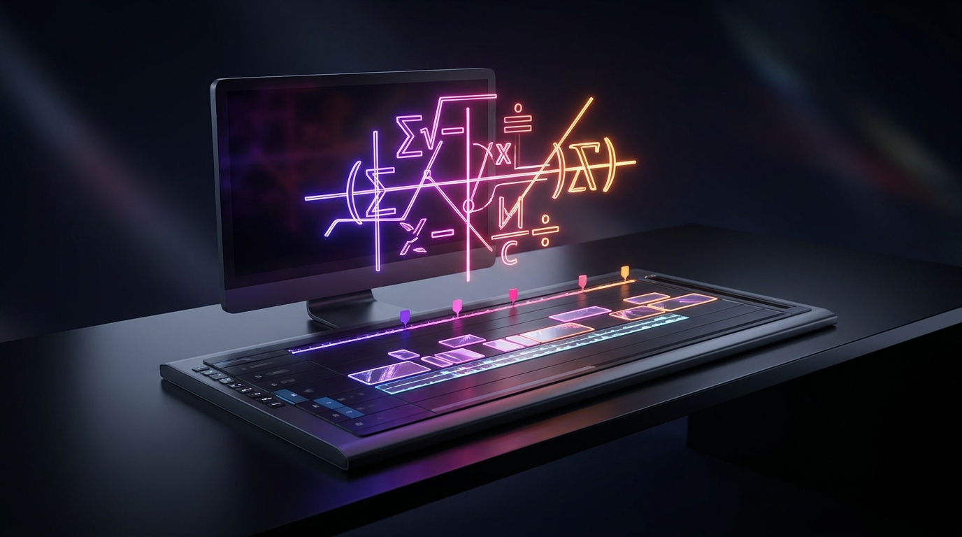 A glowing calculator and calendar on a dark desk with neon accents