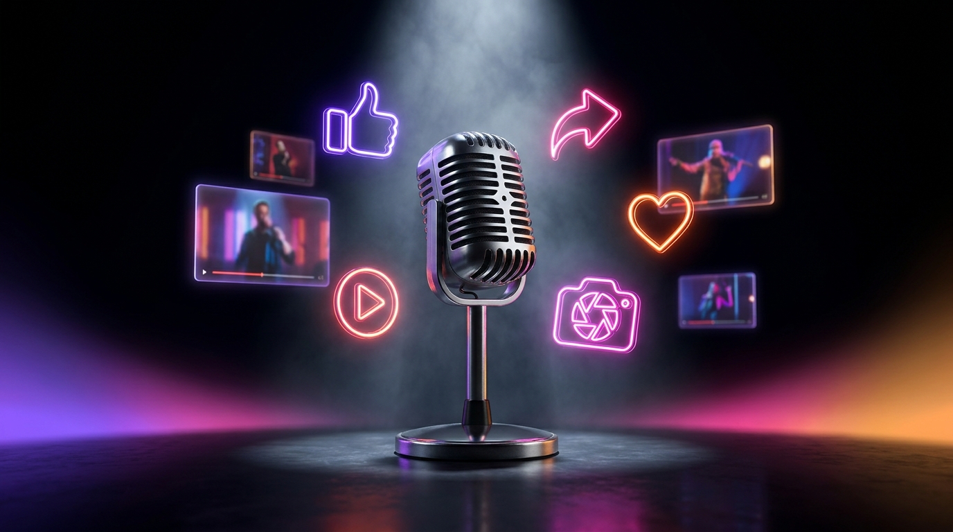 Vintage comedy microphone illuminated by neon purple and pink spotlights on a dark stage