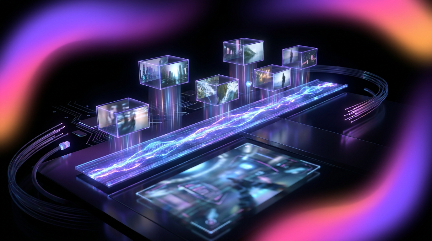 Futuristic 3D video editing timeline with floating film strips and neon gradient lighting