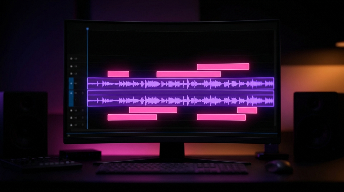 A stylized video editing timeline showing audio waveforms and caption blocks