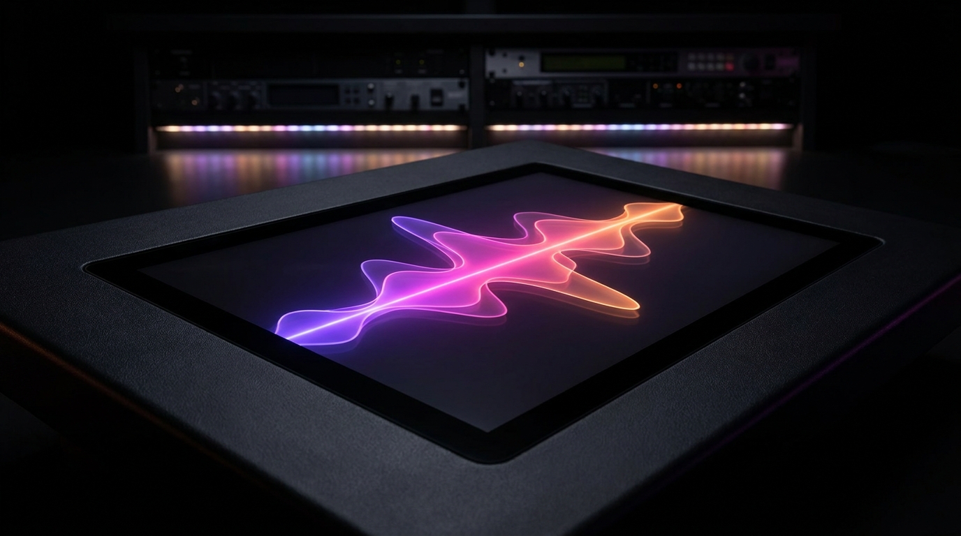 Glowing digital audio waveform floating above a mixing console in a dark studio.