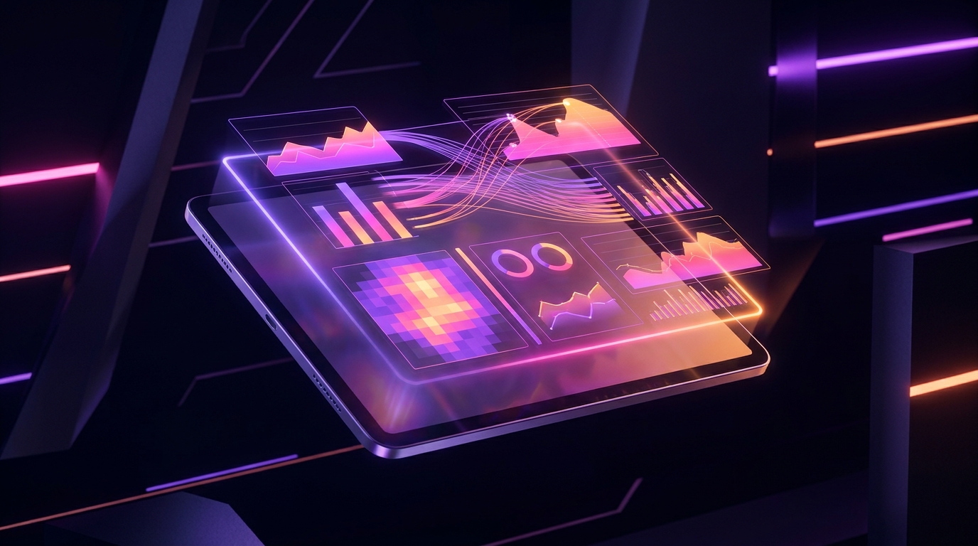 Glowing analytics dashboard on a dark desk with purple and orange accents