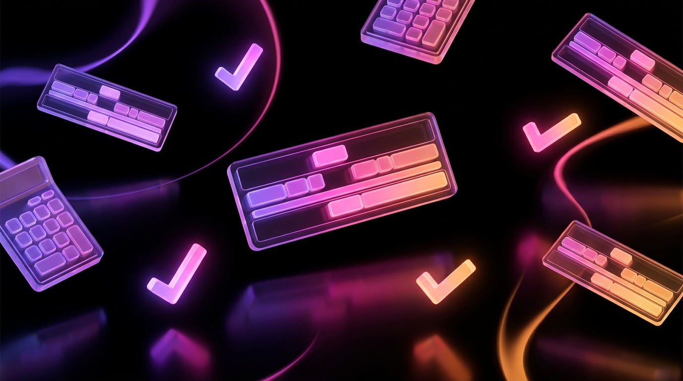 3D editorial illustration of a calculator and video play buttons on a dark background