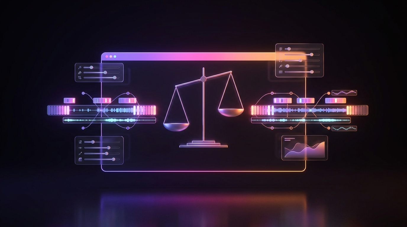 Two parallel video editing timelines glowing on a dark glass interface