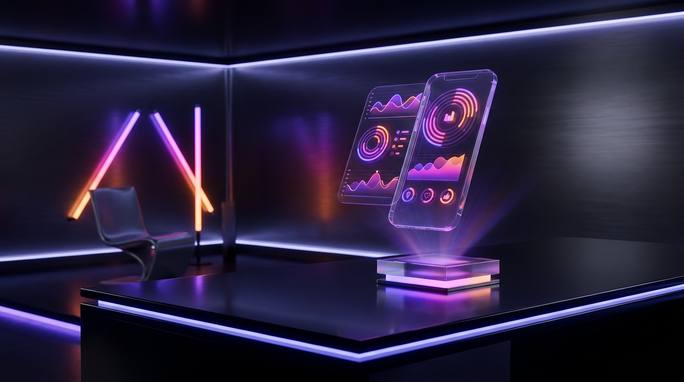 A glowing smartphone showing a faceless silhouette surrounded by social media icons