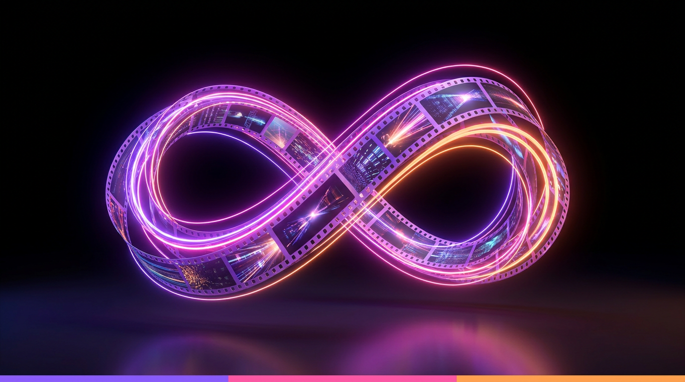 Glowing infinity loop made of film strips hovering over a smartphone