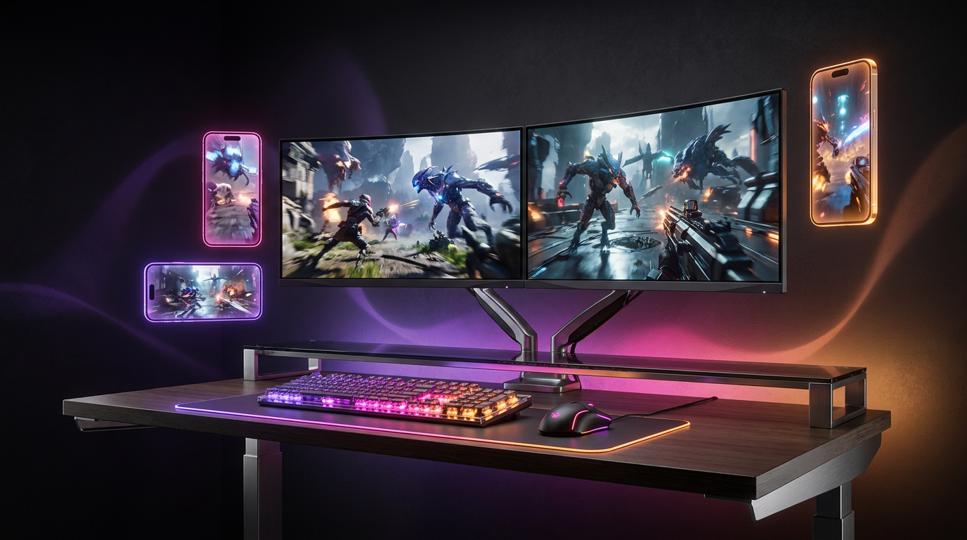 Futuristic video editing timeline floating above a gaming setup with neon lighting