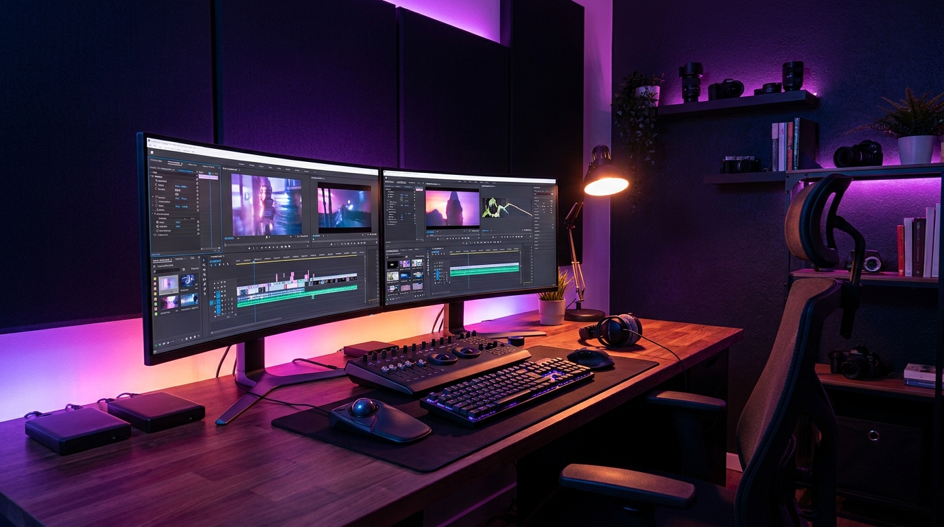 A modern video editing workspace with a glowing monitor showing a timeline