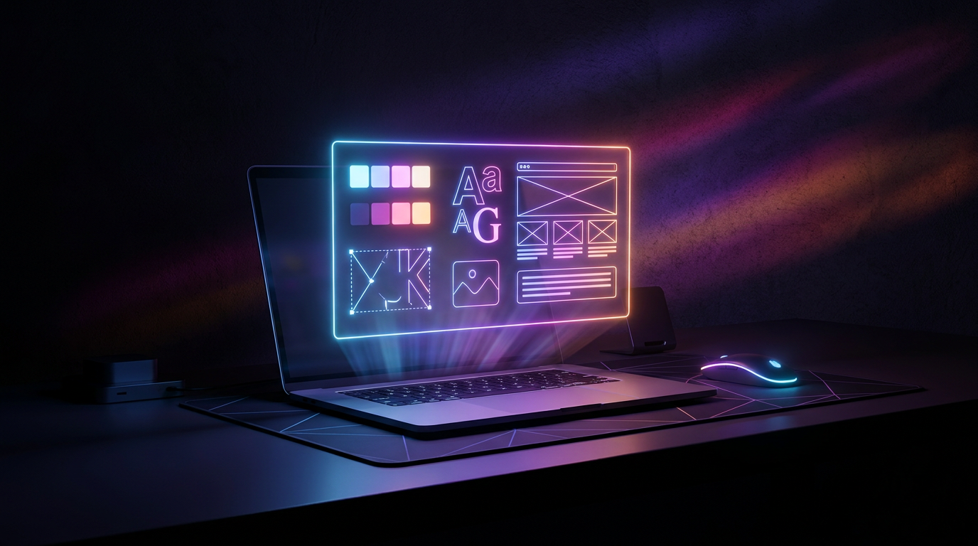 Floating typography and color swatches over a dark background with neon accents