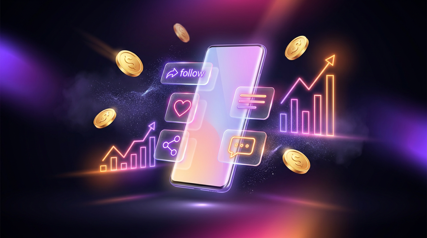 Smartphone displaying financial growth charts and gold coins on a dark neon background