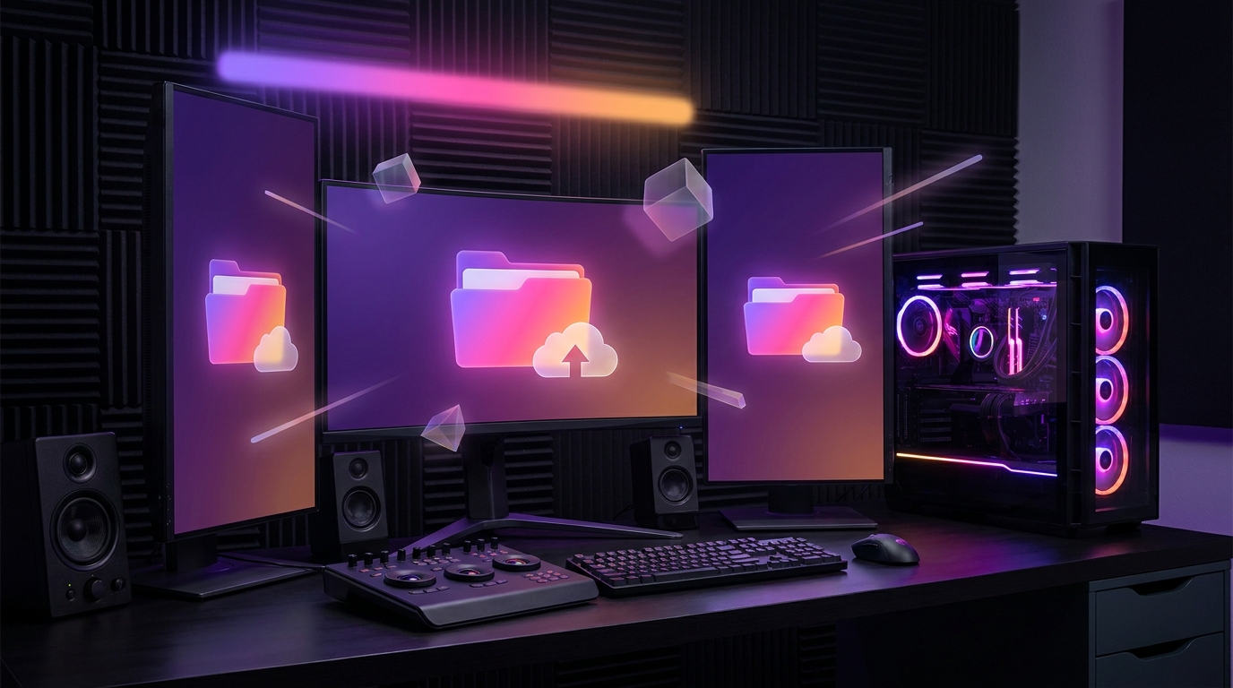 Glowing digital folders and server racks on a dark background with neon accents
