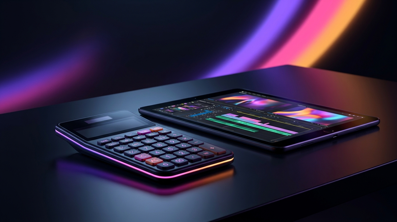 A glowing calculator and digital charts on a video editor desk