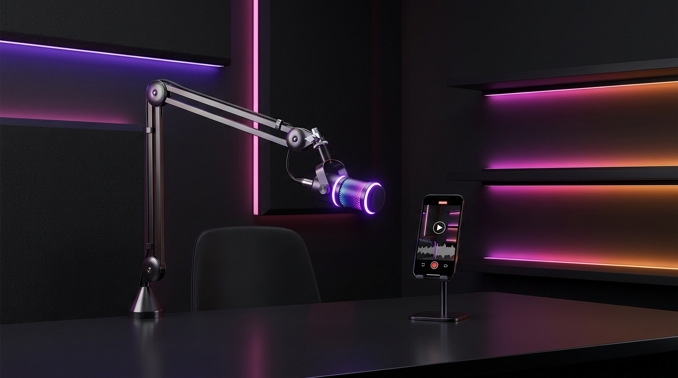 A smartphone showing a vertical video clip next to a podcast microphone on a dark desk