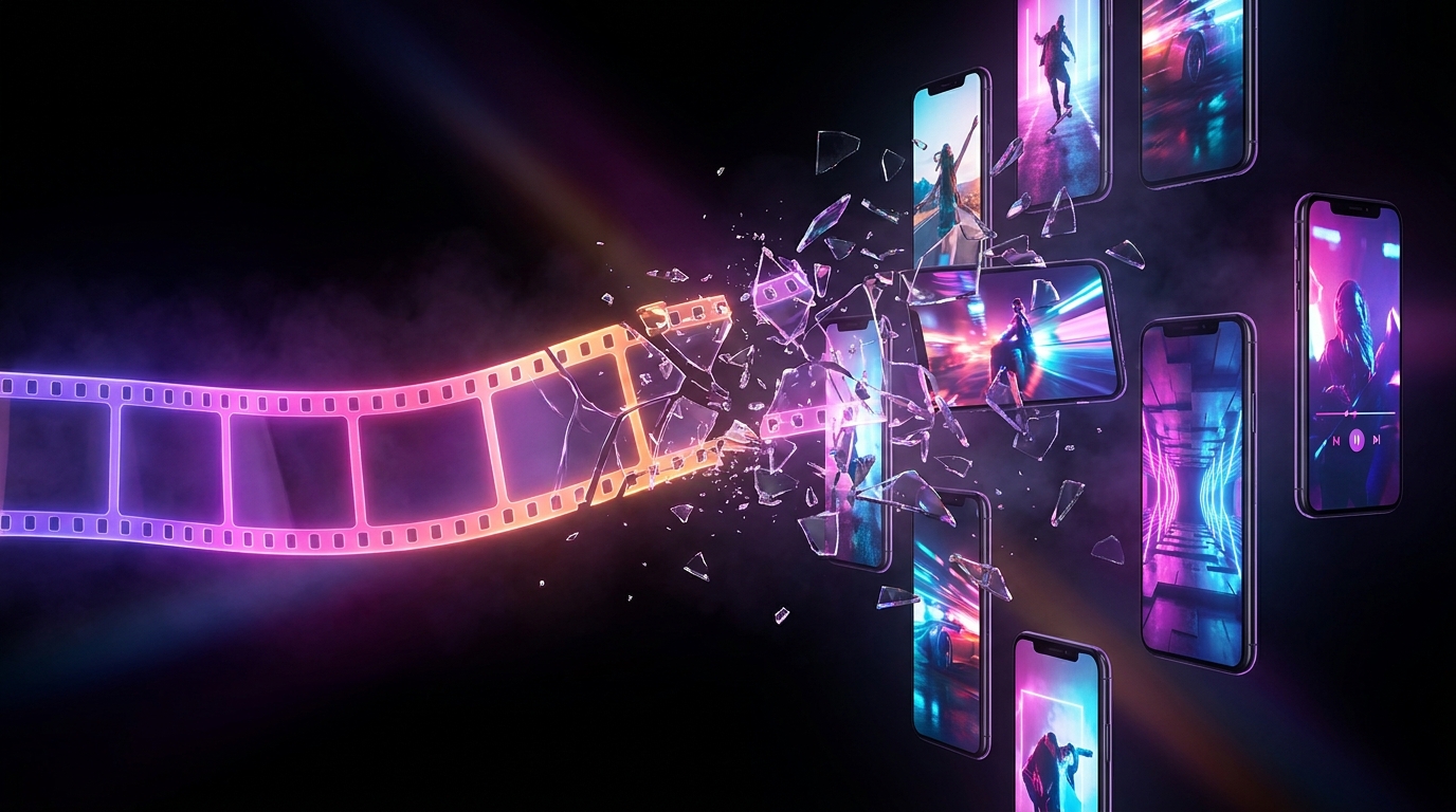A glowing film reel sliced into vertical smartphone screens by a neon laser