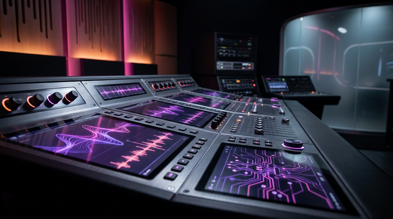 Glowing audio waveform wrapping around a video timeline with neon accents