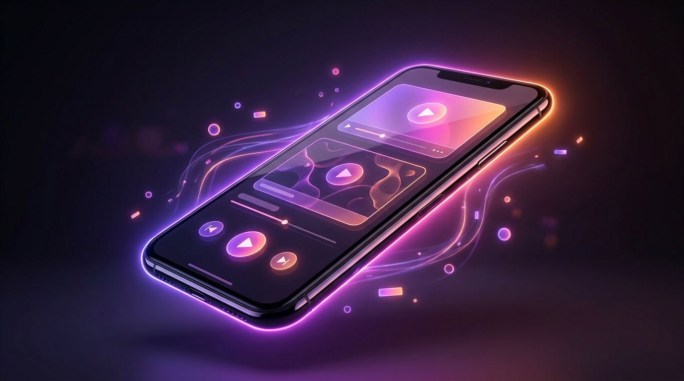 A glowing smartphone displaying a software interface against a dark neon background.