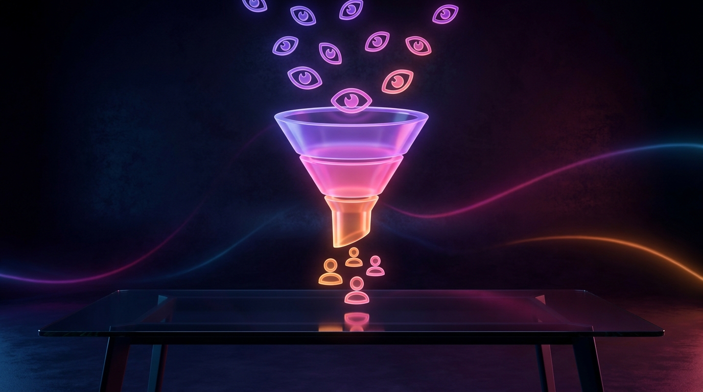 Abstract glowing funnel transforming scattered light particles into connected geometric nodes